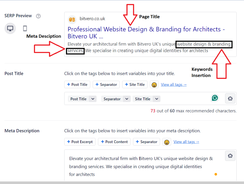 on page SEO for keywords insertion bitvero Limited architecture website design company London