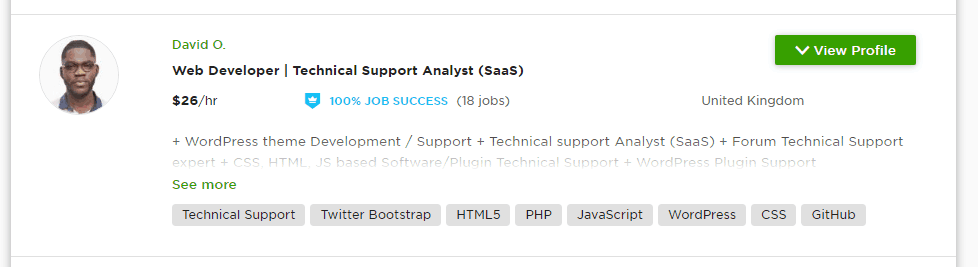 Example profile from Upwork
