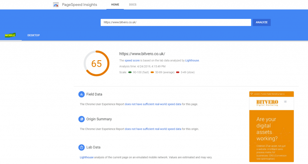 Pagespeed insights report mobile