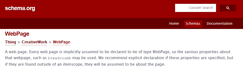 Webpage schema markup