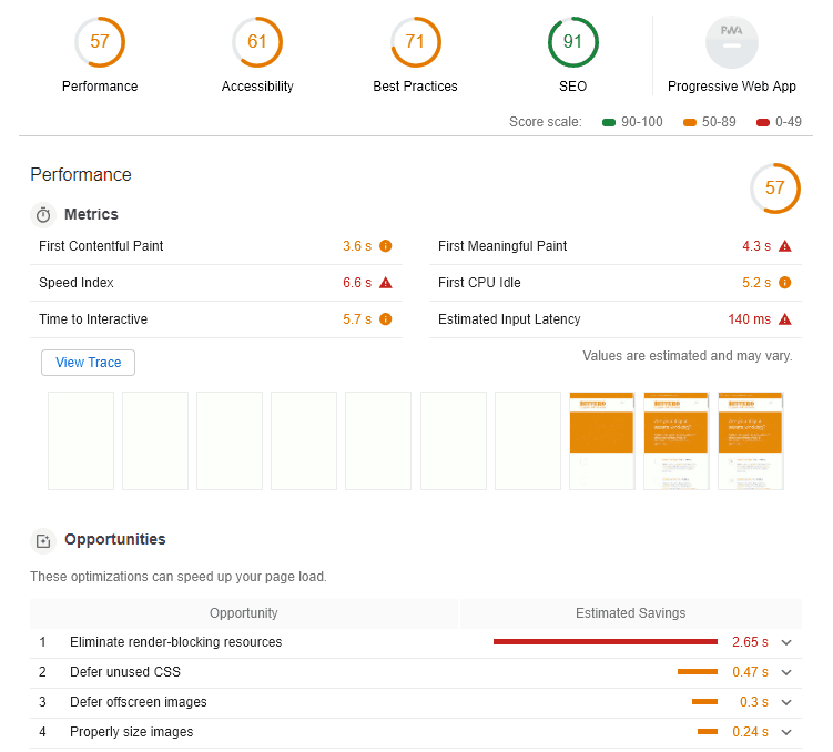 Report generated from a lighthouse audit